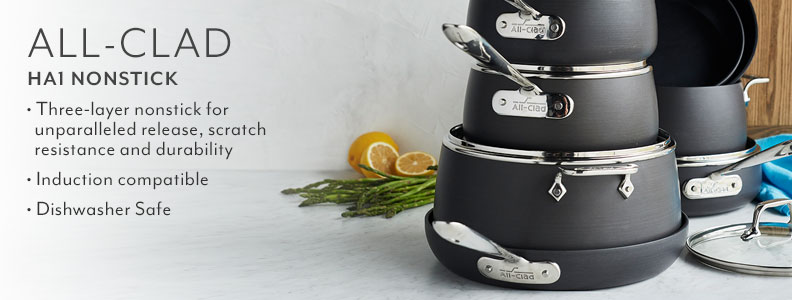 All-Clad HA1 Nonstick three layer nonstick for unparalleled release, scratch resistance and durability. Induction compatible. Dishwasher safe.