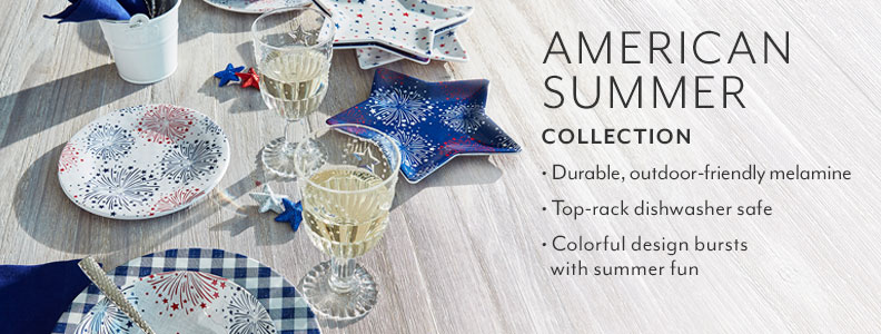 American Summer collection, durable outdoor-friendly melamine. Top rack dishwasher safe. Colorful design bursts with summer fun.