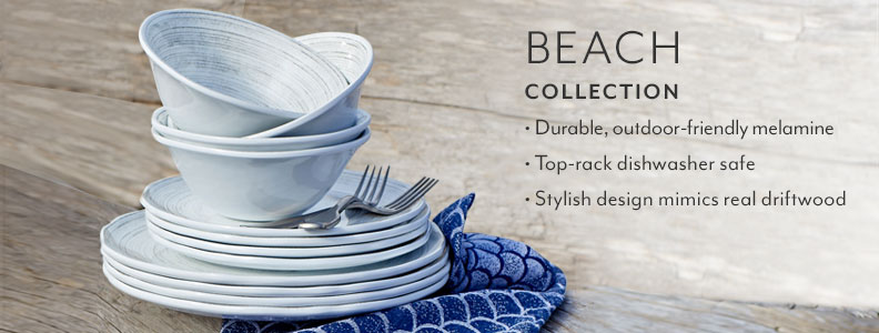 Beach collection, durable outdoor-friendly melamine. Top rack dishwasher safe. Stylish design mimics real driftwood.