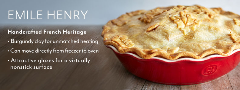 Emile Henry, Handcrafted French Heritage. Burgundy clay for unmatched heating. Can move directly from freezer to oven. Attractive glazes for a virtually nonstick surface.