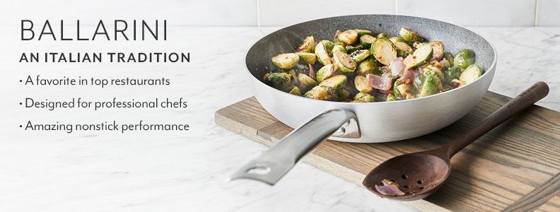 Ballarini, An Italian Tradition. 4mm-thick cold-forged aluminum. Scratch-resistant Granitium nonstick. Flat-base stability for even cooking