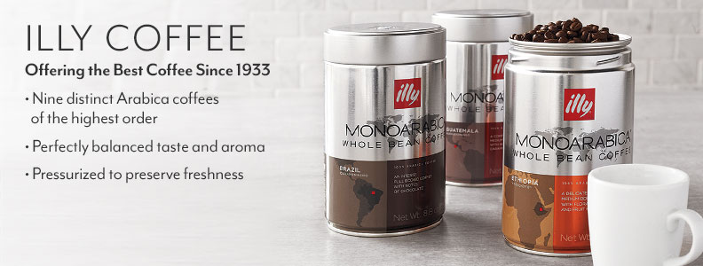 illy Coffee offering the best coffee since 1933. Nine distinct Arabica coffees of the highest order. Perfectly balanced taste and aroma. Pressurized to preserve freshness.