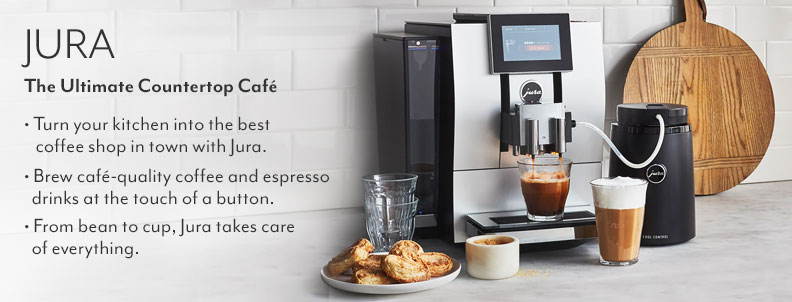 The ultimate countertop cafe Jura. Turn your kitchen into the best coffee shop in town with Jura. Brew cafe-quality coffee and espresso drinks at the touch of a button. From bean to cup, Jura takes care of everything: grinding, dosing, brewing, frothing & more.