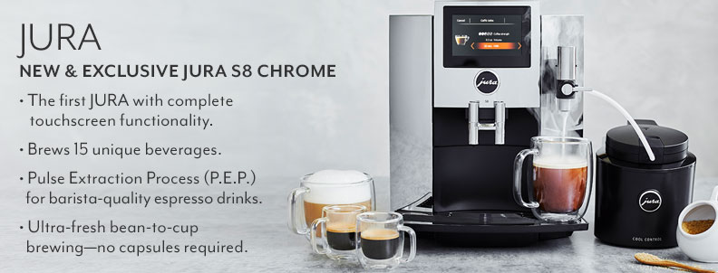 Jura new & exclusive Jura S8 Chrome. The first Jura with complete touchscreen functionality. Brews 15 unique beverages. Pulse Extraction Process (P.E.P.) for barista-quality espresso drinks. Ultra fresh from bean to cup brewing, no capsules required.