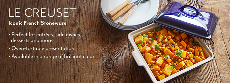 Le Creuset iconic French Stoneware. Perfect for entrees, side dishes, desserts and more. Oven-to-table presentation. Available in a rainbowe of vivid colors.