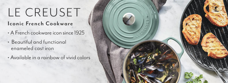 Le Creuset iconic French Cookware. A French cookware icon since 1925. Beautiful and functional enameled cast iron. Available in a rainbow of vivid colors.