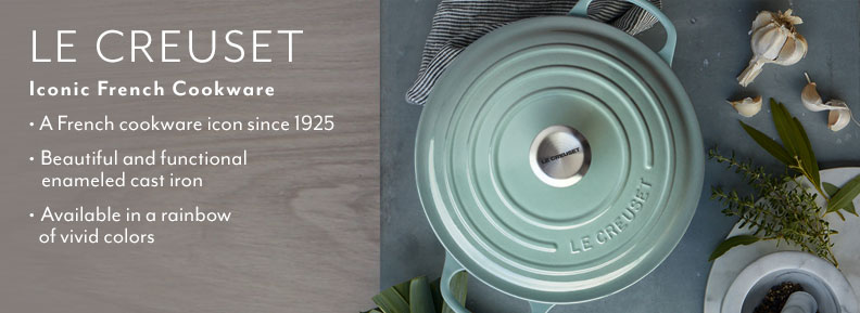 Le Creuset iconic French cookware. A French cookware icon since 1925. Beautiful and functional enameled cast iron. Available in a rainbow of vivid colors.