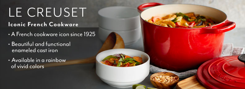 Le Creuset iconic French cookware. A French cookware icon since 1925. Beautiful and functional enameled cast iron. Available in a rainbow of vivid colors..