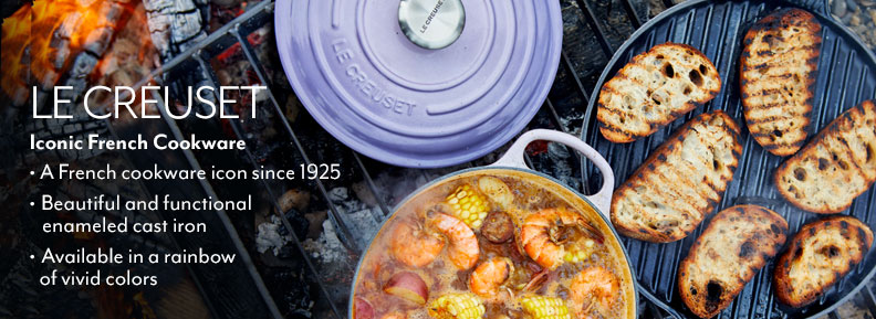 Le Creuset iconic French cookware. A French cookware icon since 1925. Beautiful and functional enameled cast iron. Available in a rainbow of vivid colors..