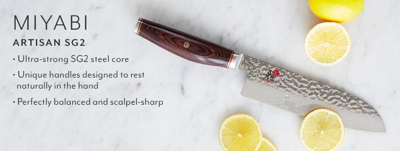 Miyabi Artisan SG2. Ultra-strong SG2 steel core, unique handles designed to rest naturally in the hand, perfectly balanced and scalpel-sharp.