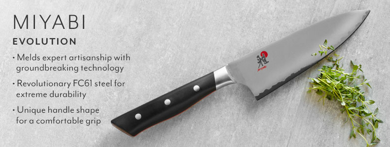 Miyabi Evolution. Melds expert artisanship with groundbreaking technology. Revolutionary FC61 steel for extreme durability, unique handle shape for a comfortable grip.