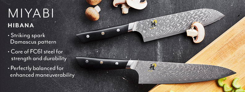 Miyabi Hibana. Striking spark Damascus pattern. Core of FC61 steel for strength and durability. Perfectly balanced for enhanced maneuverability.