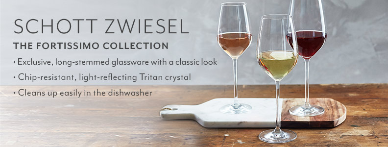 Schott Zwiesel the Fortissimo Collection. Exclusive, long-stemmed glassware with a classic look. Chip-resistant, light-reflecting Tritan crystal. Cleans up easily in the dishwasher.