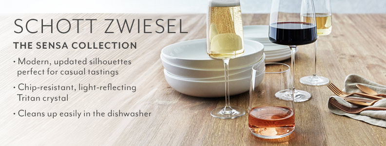 Schott Zwiesel the Sensa Collection. Modern, updated silhouettes perfect for casual tastings. Chip-resistant, light-reflecting Tritan crystal. Cleans up easily in the dishwasher.
