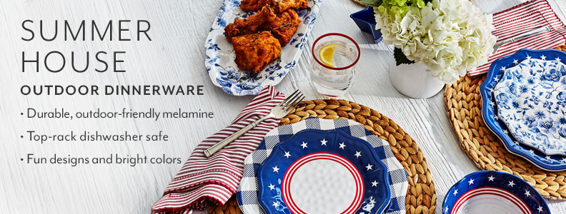 Summer House Outdoor Dinnerware, durable, outdoor-friendly melamine. Top-rack dishwasher safe. Fun designs and bright colors.