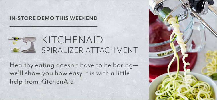 In store demo this weekend KitchenAid Spiralizer Attachment. Healthy eating doesn't have to be boring, we'll show you how easy it is with a little help from KitchenAid.